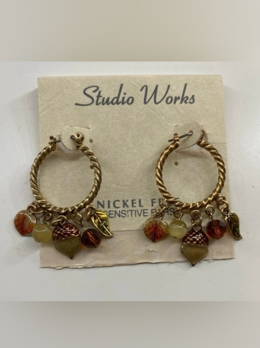 Studio Works Nickel Free Gold-Tone Hoop Earrings with Autumn Leaf & Bead Charms